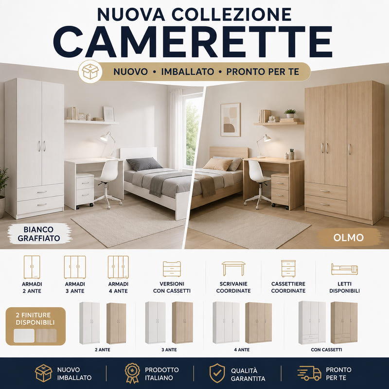 Armadi Cameretta Nuovi – 2, 3 e 4 Ante | Bianco Graffiato e Olmo