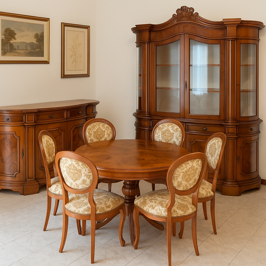 Sala completa in radica: credenza alta + credenza bassa + tavolo con sedie