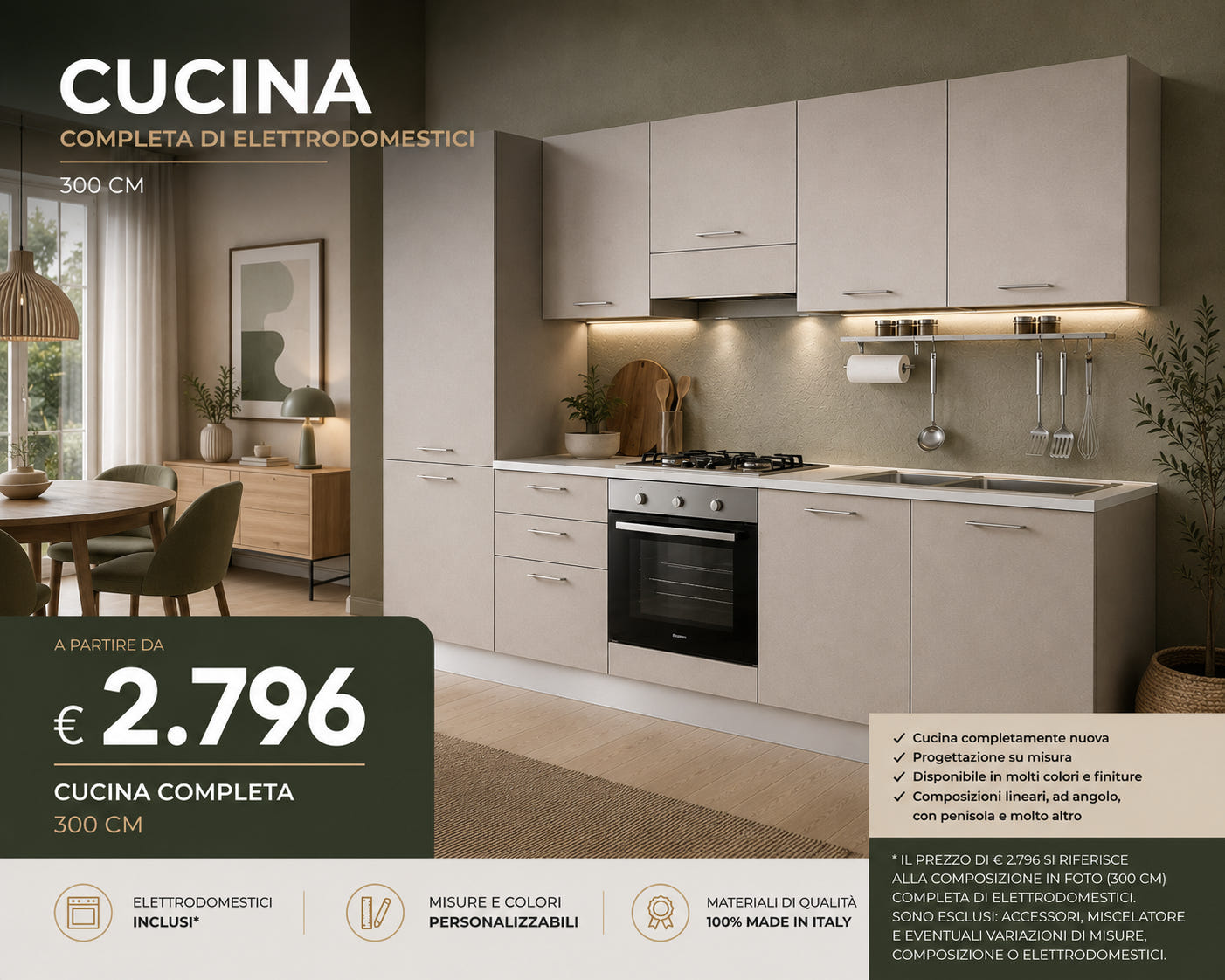 Cucina Moderna 300 cm Completa di Elettrodomestici – Personalizzabile