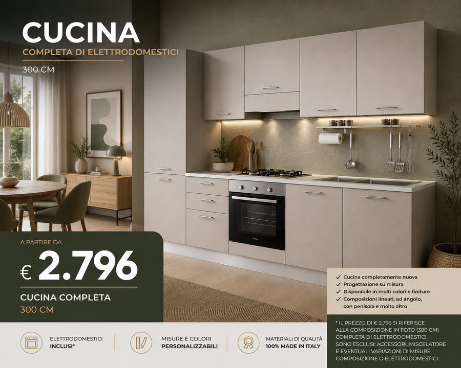 Cucina Moderna 300 cm Completa di Elettrodomestici – Personalizzabile