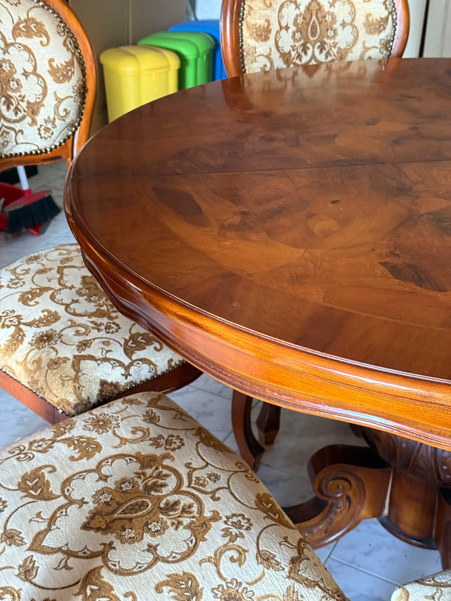 Sala completa in radica: credenza alta + credenza bassa + tavolo con sedie