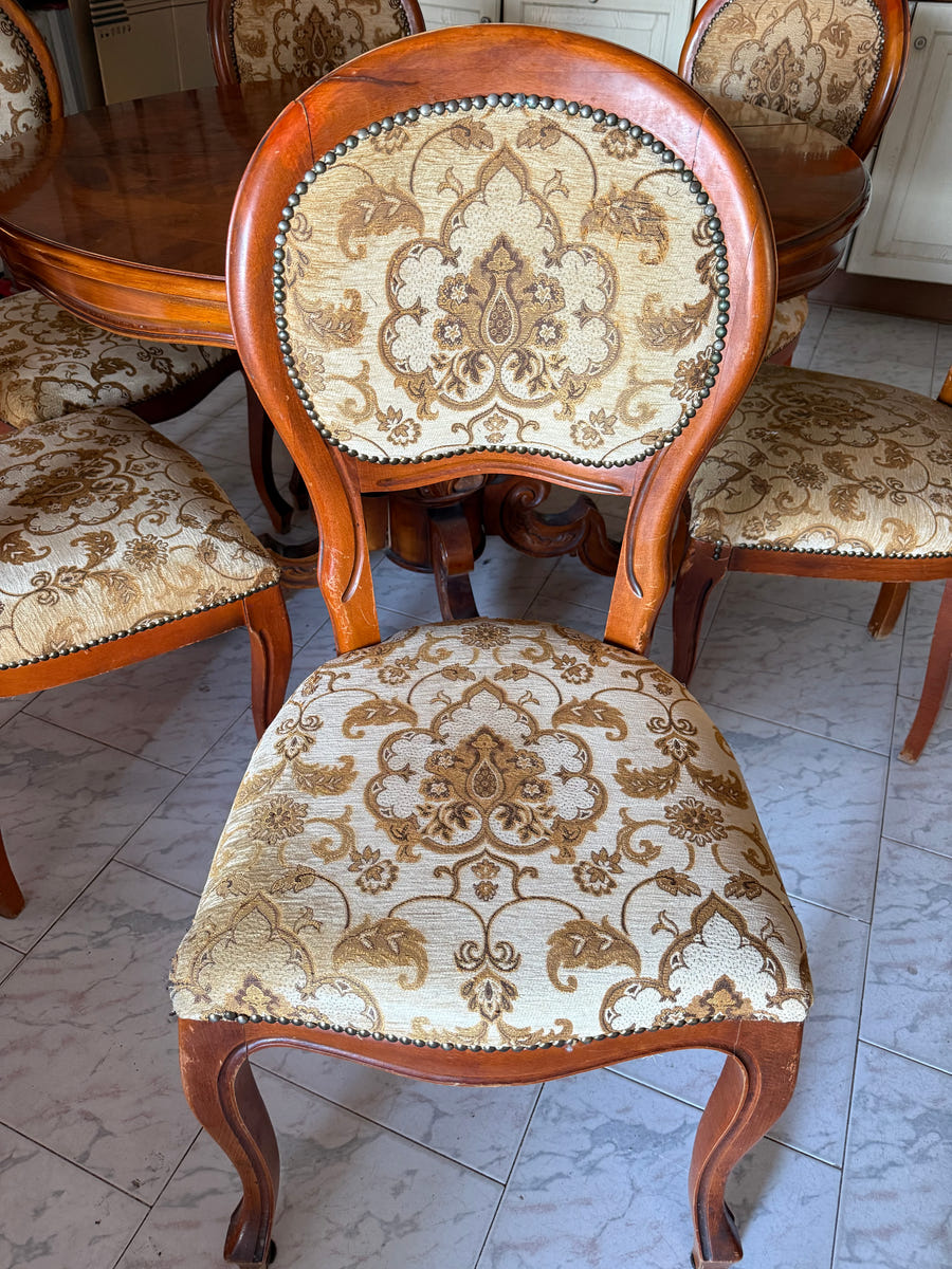 Sala completa in radica: credenza alta + credenza bassa + tavolo con sedie