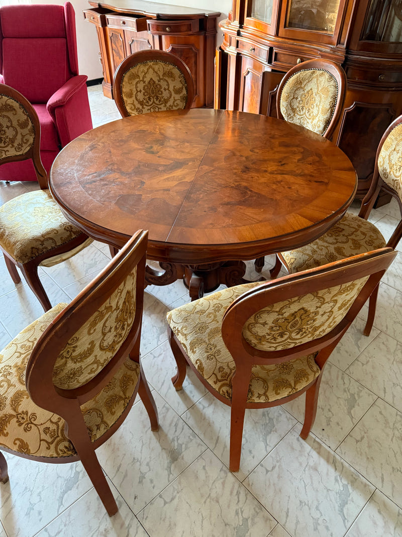 Sala completa in radica: credenza alta + credenza bassa + tavolo con sedie