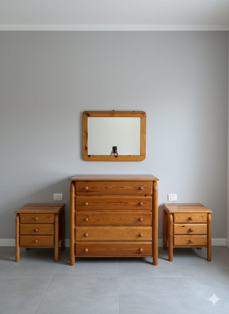 Comò + 2 comodini + specchio in abete