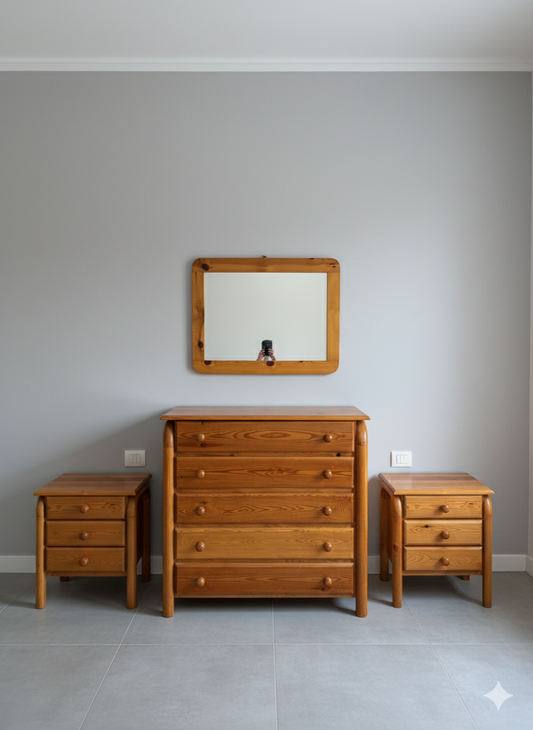 Comò + 2 comodini + specchio in abete